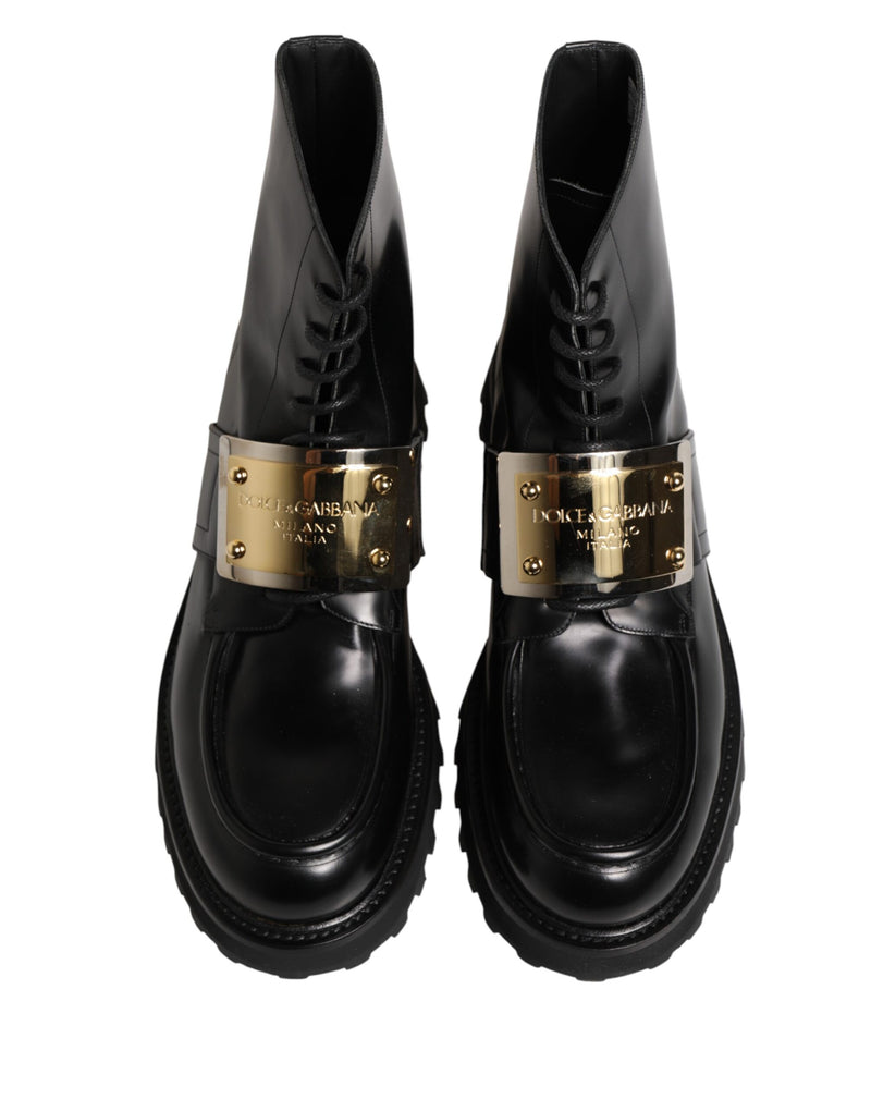 Dolce & Gabbana Black Leather DG Plaque Lace-Up Boots