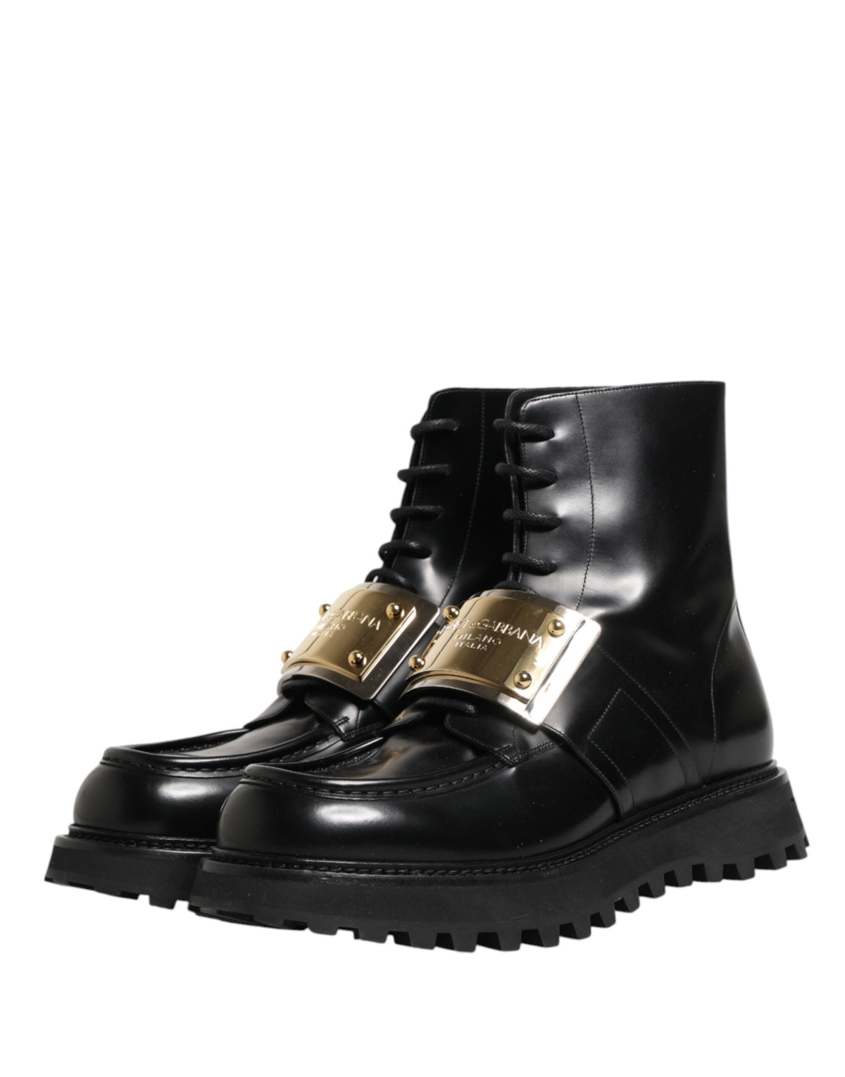 Dolce & Gabbana Black Leather DG Plaque Lace-Up Boots