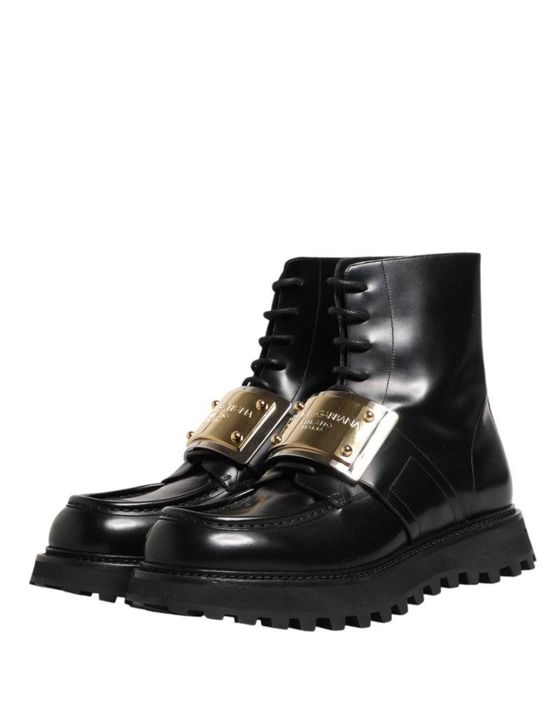 Dolce & Gabbana Black Leather DG Plaque Lace-Up Boots