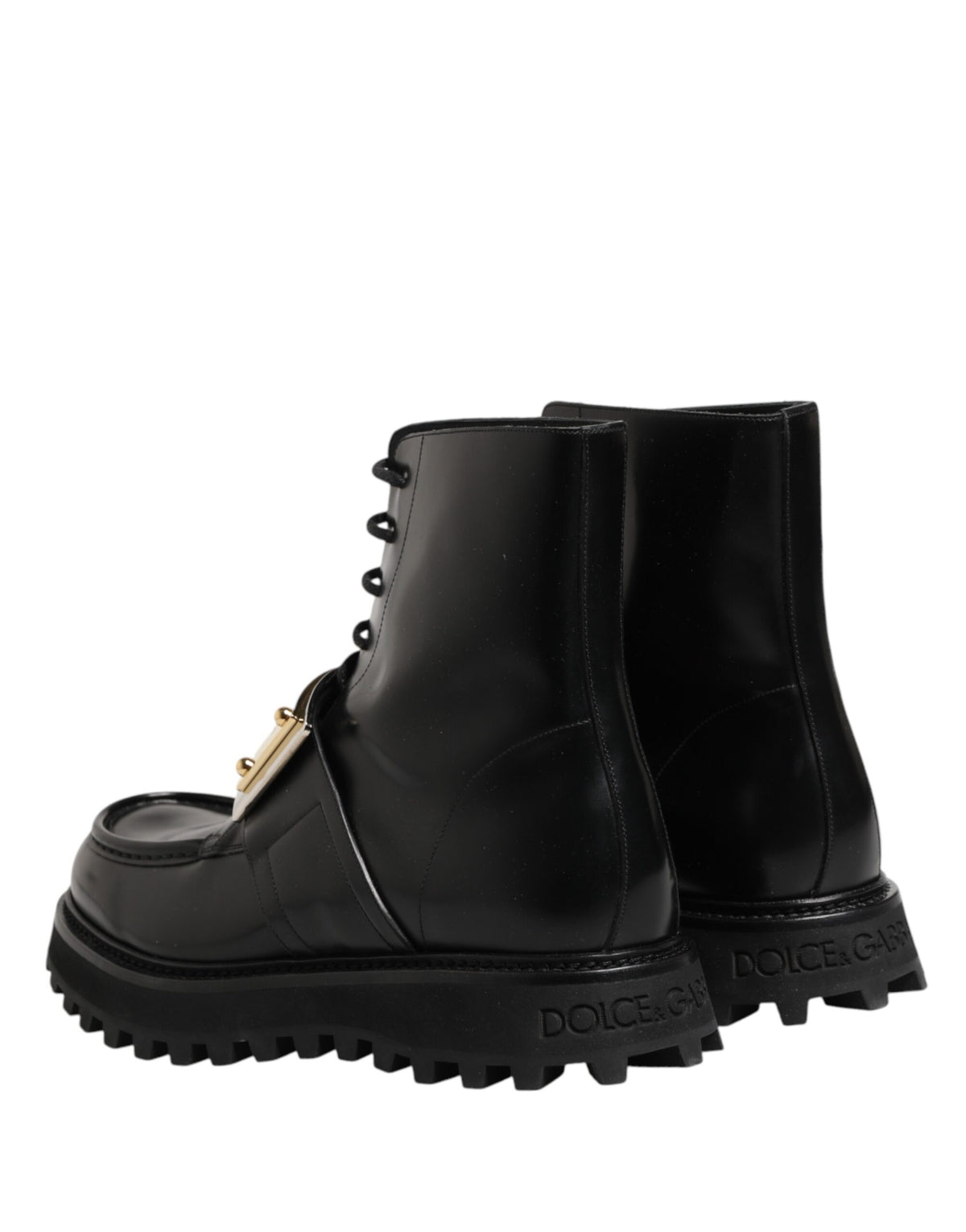 Dolce & Gabbana Black Leather DG Plaque Lace-Up Boots