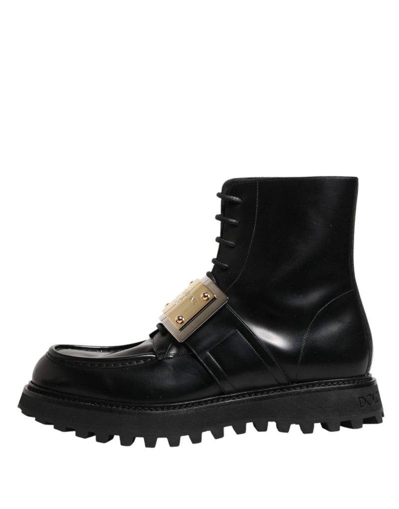 Dolce & Gabbana Black Leather DG Plaque Lace-Up Boots