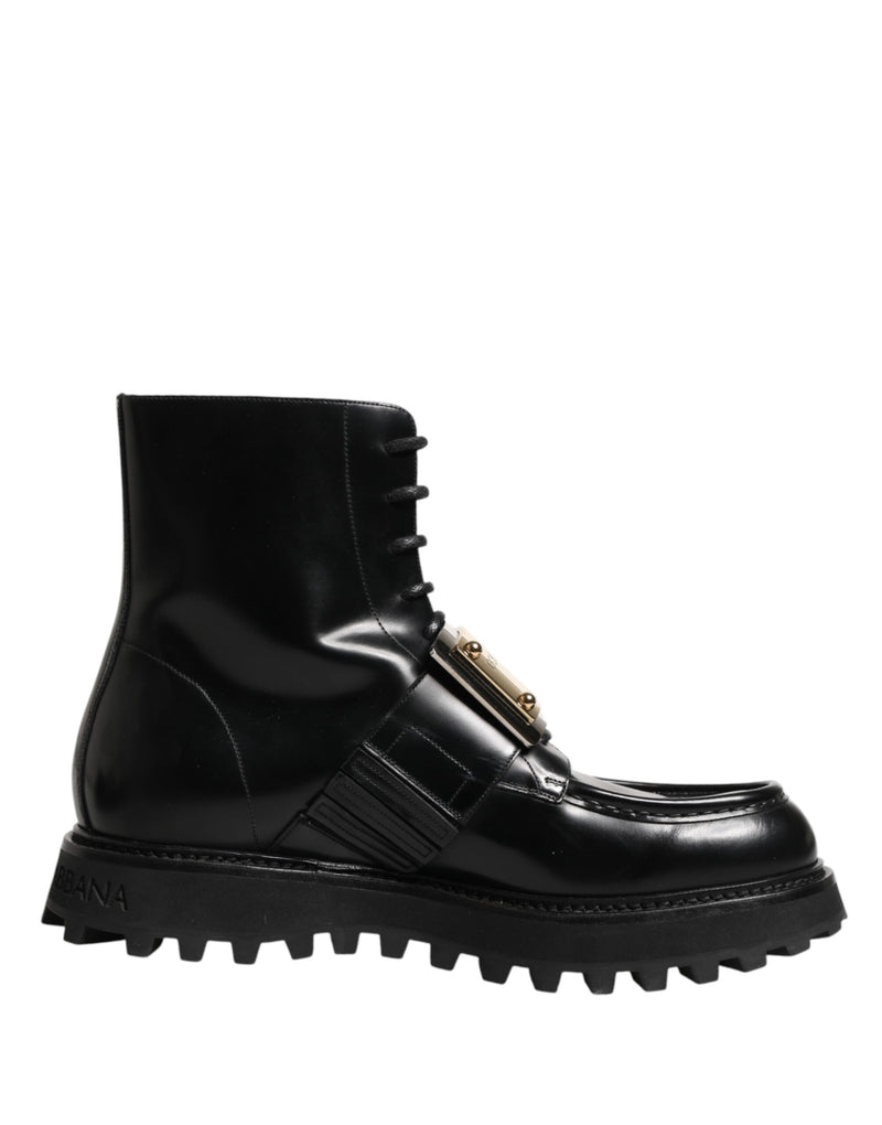 Dolce & Gabbana Black Leather DG Plaque Lace-Up Boots