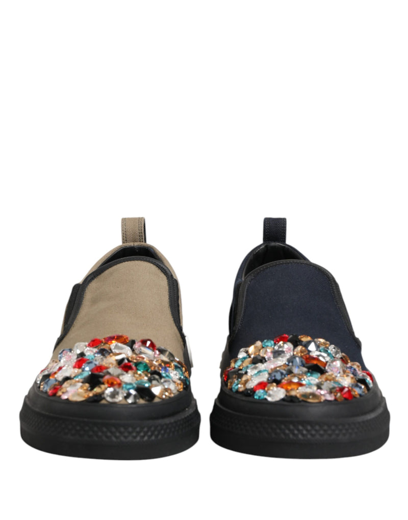 Dolce & Gabbana Blue Canvas Embellished Slip On Sneakers