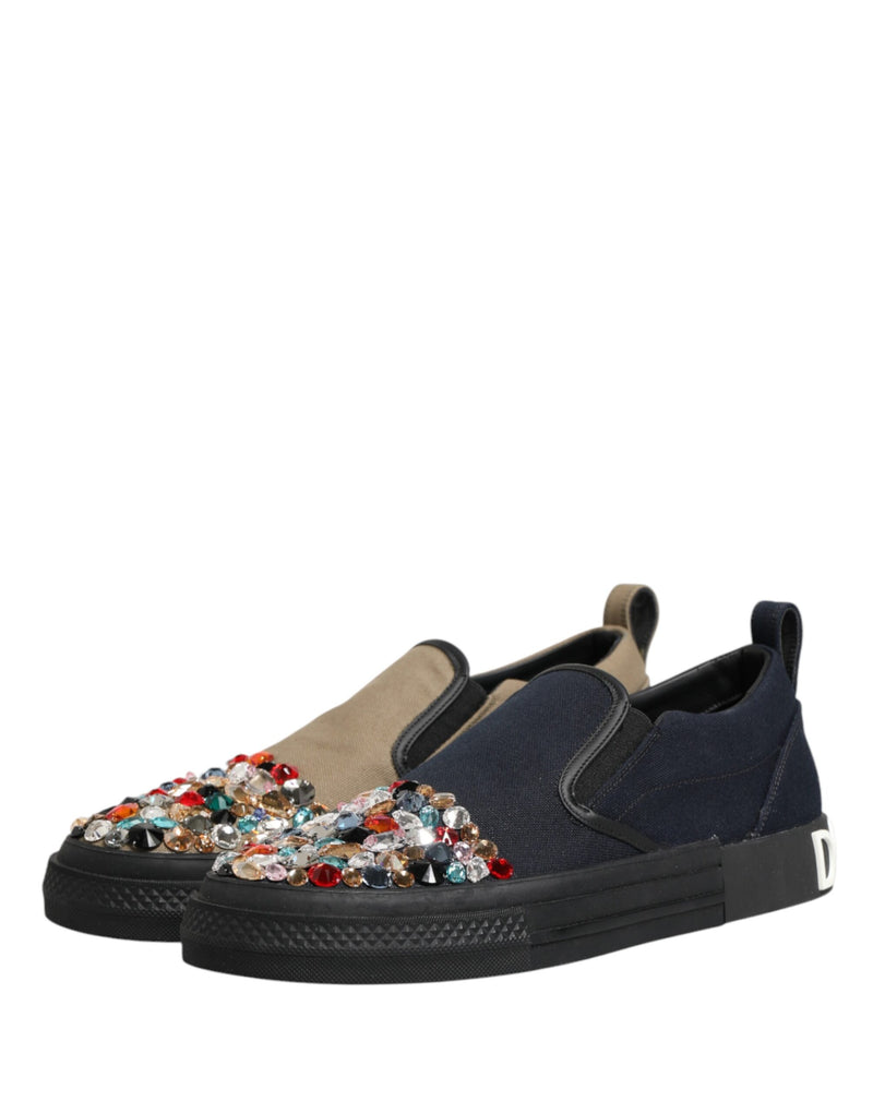 Dolce & Gabbana Blue Canvas Embellished Slip On Sneakers
