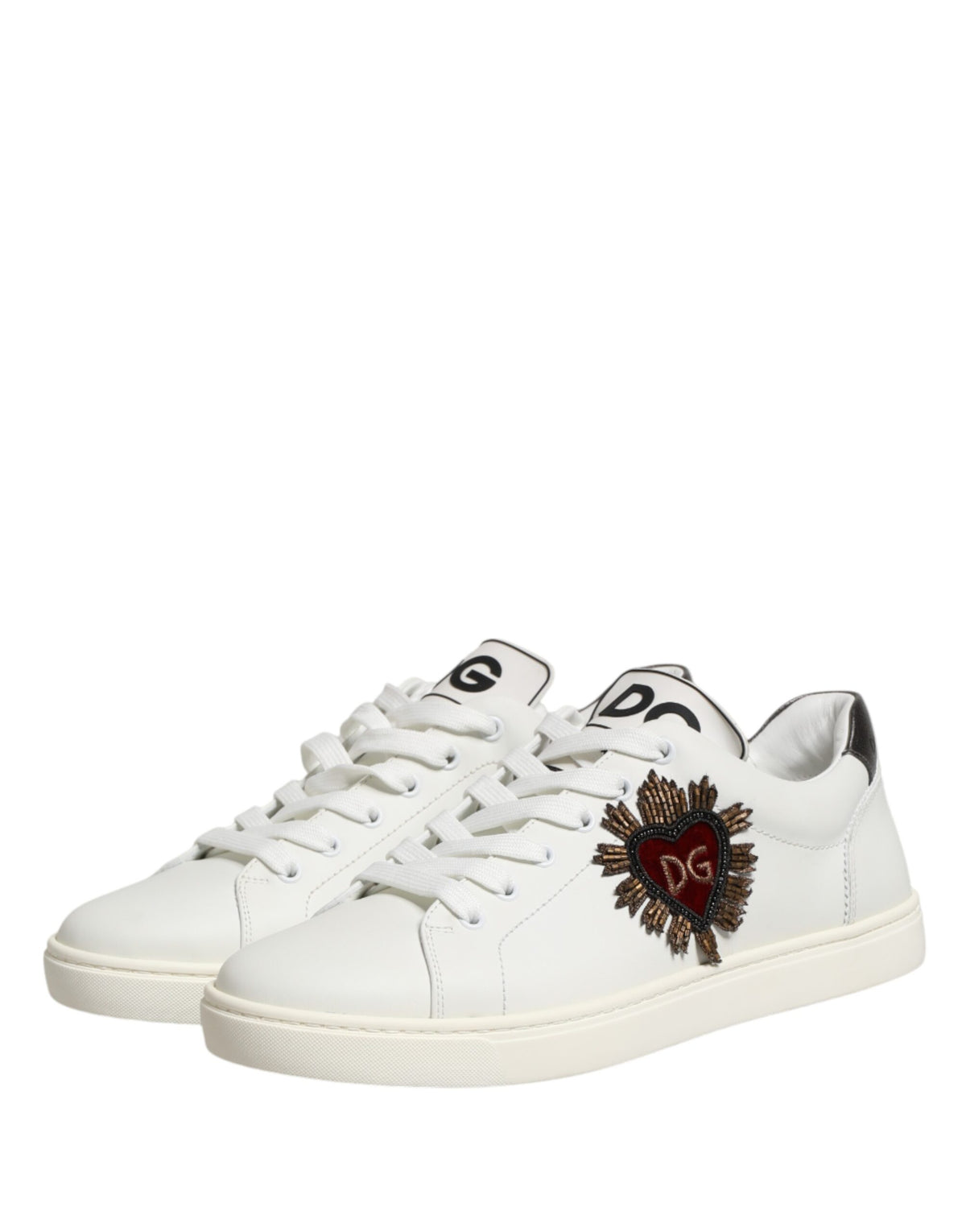 Dolce & Gabbana White Leather Sacred Heart Patch Sneakers