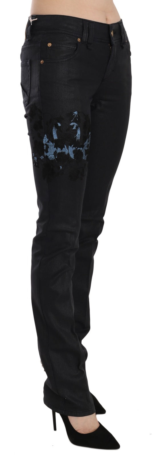 John Galliano Black Swan Floral Embroidered Mid Waist Skinny Jeans