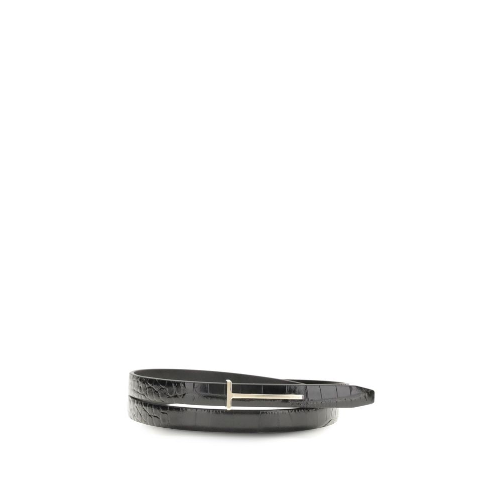 Tom Ford Black Leather Thin Belt with T Buckle - 34 Inches