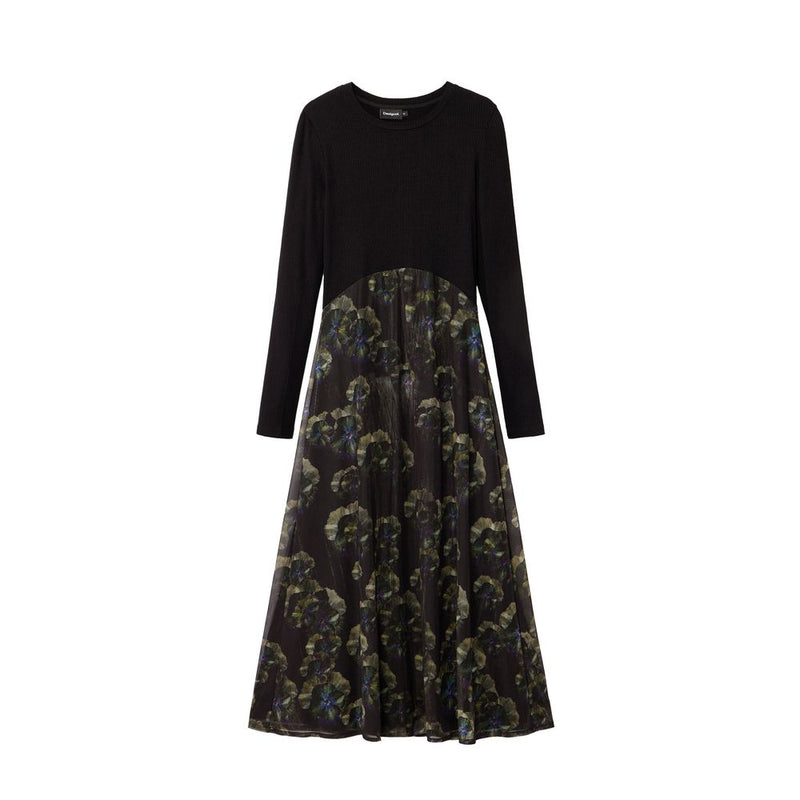 Desigual Black Printed Long Sleeve Midi Dress for Women