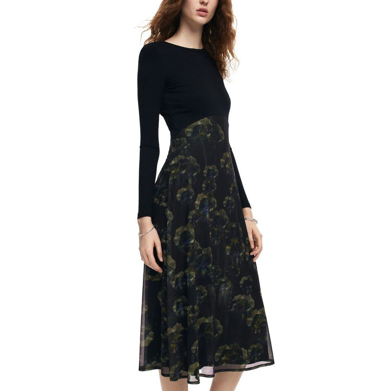 Desigual Black Printed Long Sleeve Midi Dress for Women