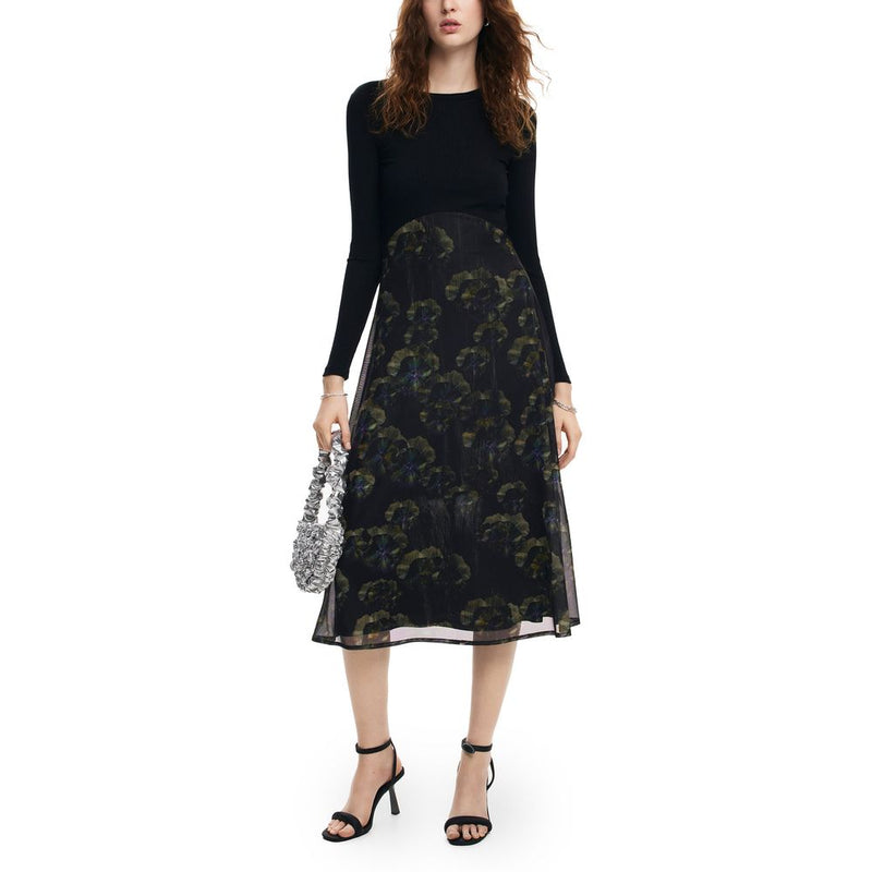 Desigual Black Printed Long Sleeve Midi Dress for Women