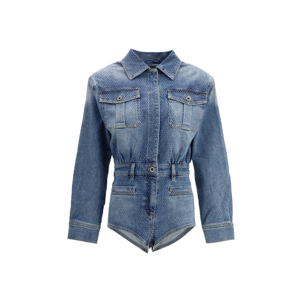 Self-Portrait Blue Cotton Jumpsuit - Rhinestone Denim Playsuit