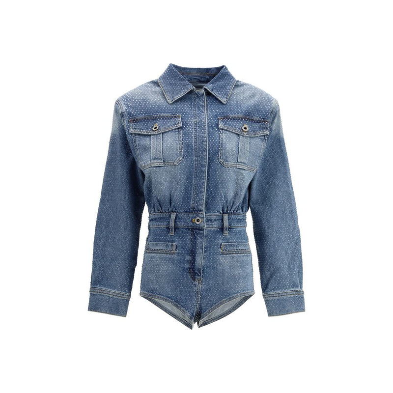 Self-Portrait Blue Cotton Jumpsuit - Rhinestone Denim Playsuit