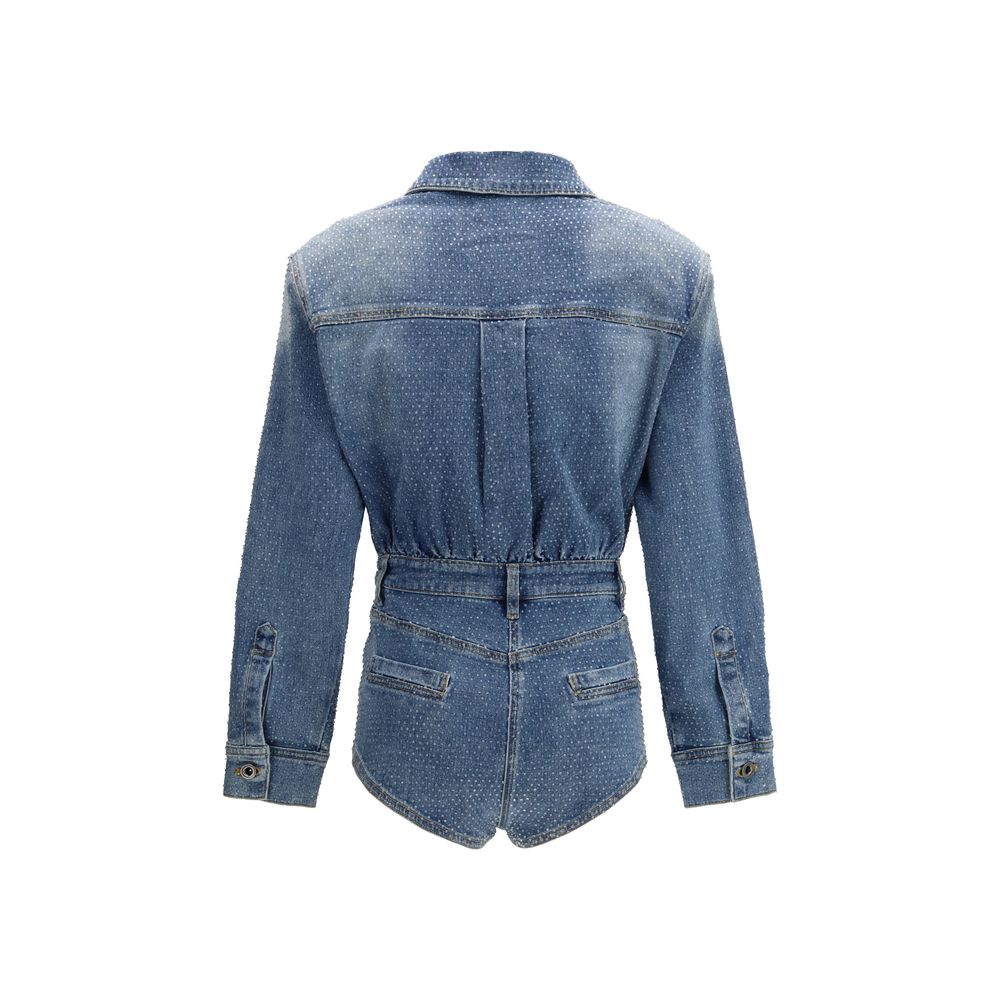 Self-Portrait Blue Cotton Jumpsuit - Rhinestone Denim Playsuit