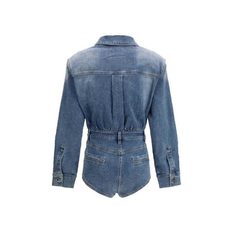 Self-Portrait Blue Cotton Jumpsuit - Rhinestone Denim Playsuit