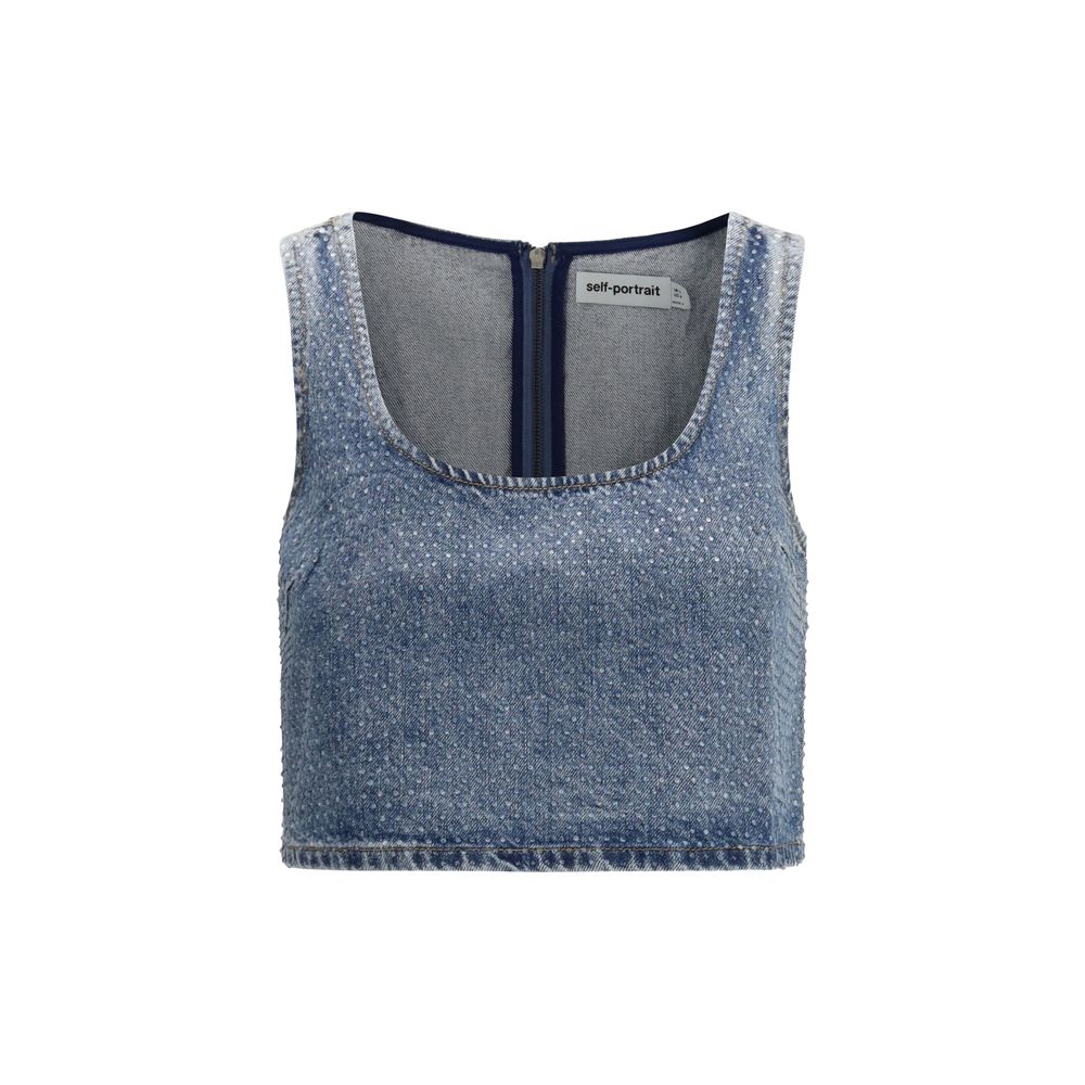 Self-Portrait Blue Rhinestone Denim Crop Top
