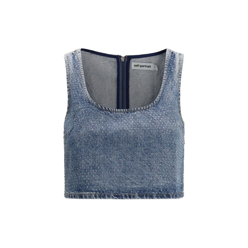 Self-Portrait Blue Rhinestone Denim Crop Top