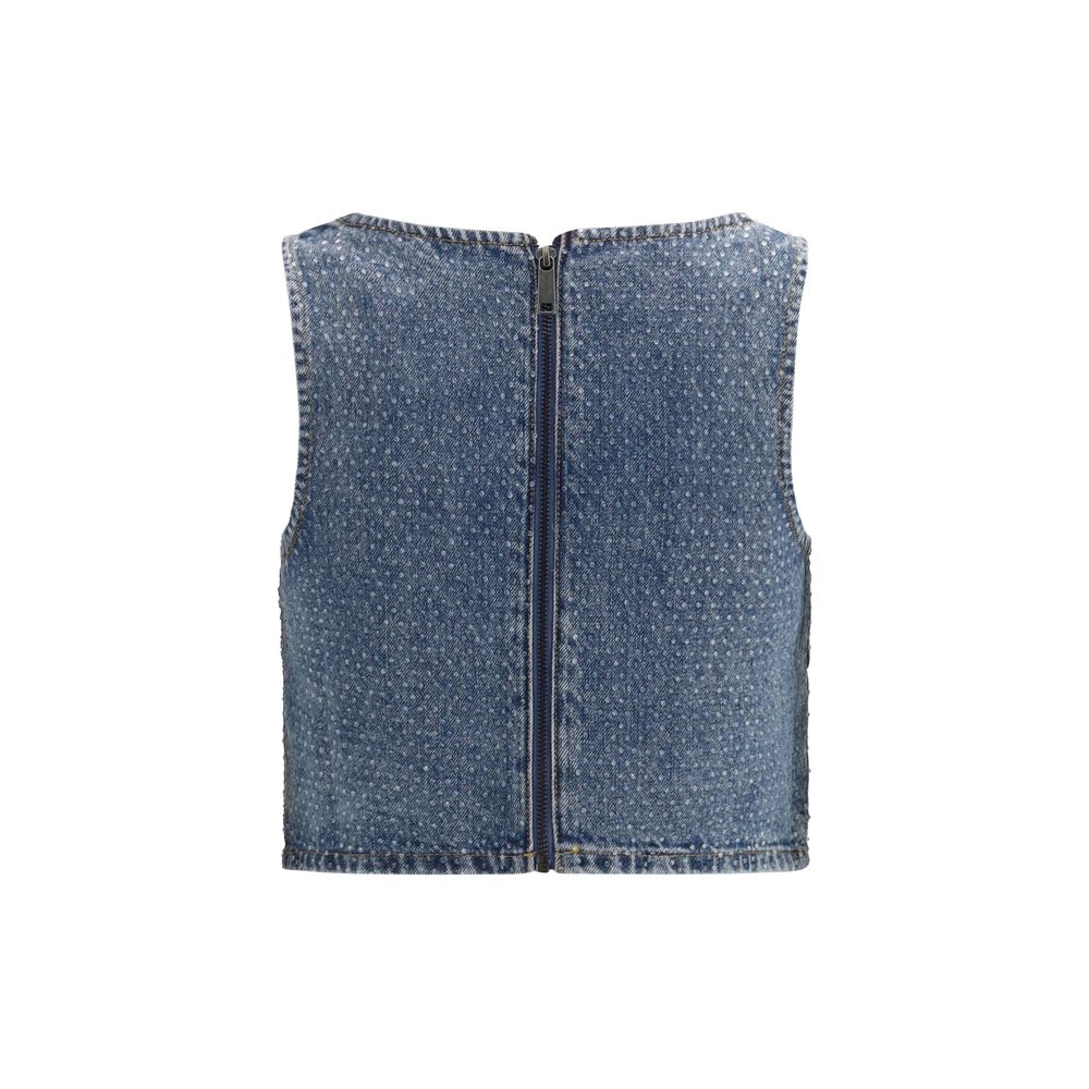 Self-Portrait Blue Rhinestone Denim Crop Top