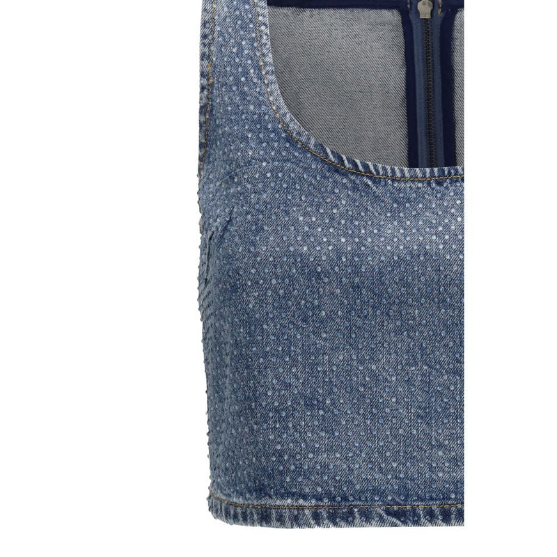 Self-Portrait Blue Rhinestone Denim Crop Top