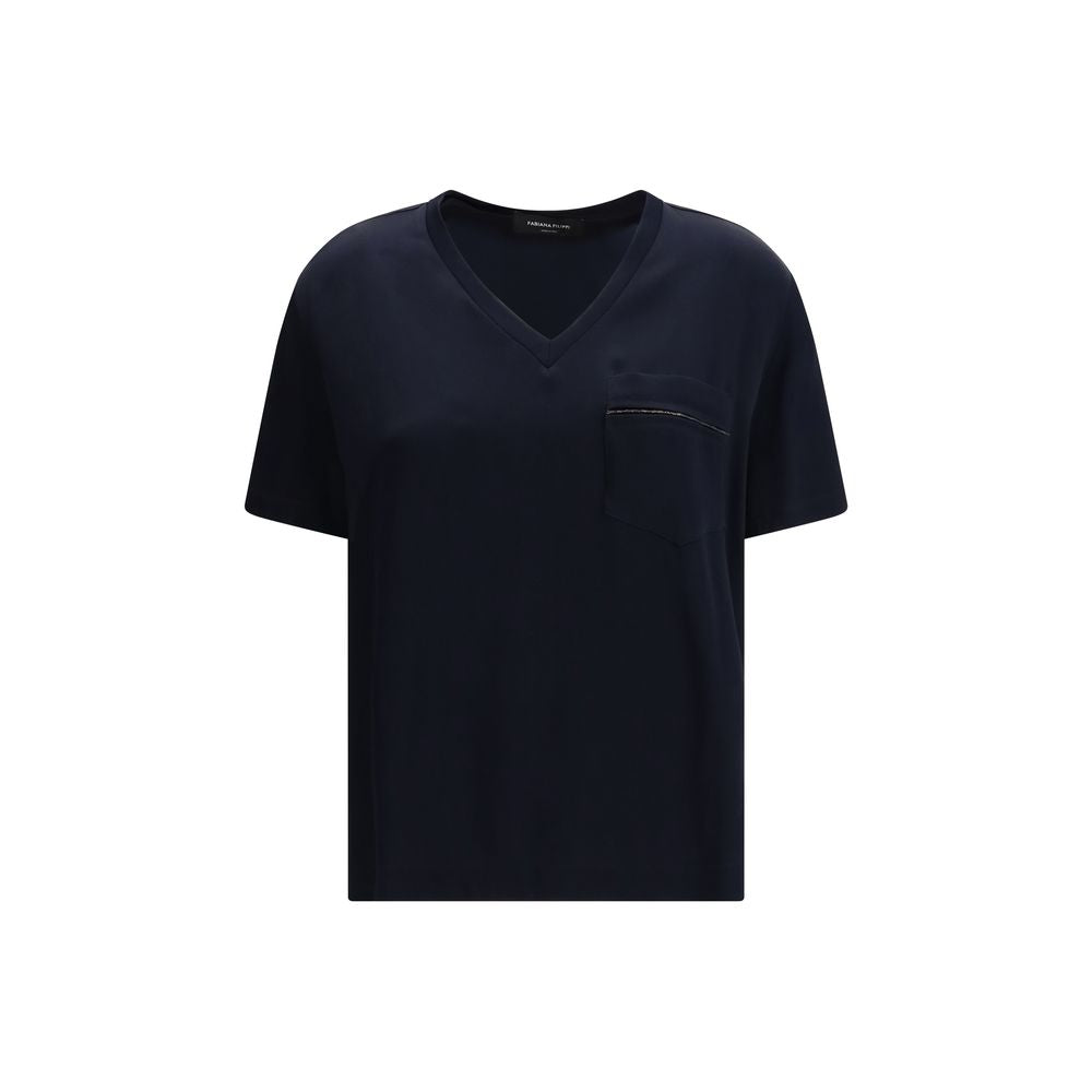 Fabiana Filippi Blue Viscose T-Shirt with Trompe-l’œil Pocket