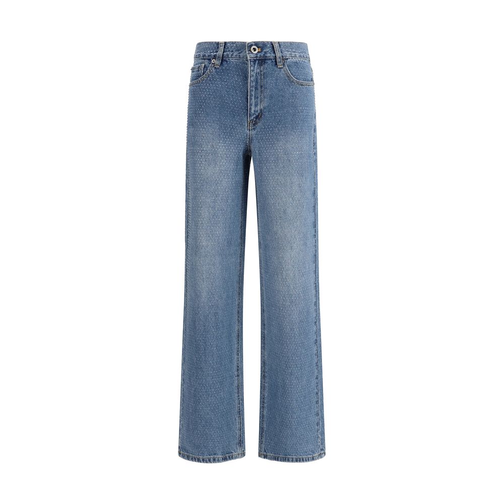 Self-Portrait Blue Cotton Straight-Leg Jeans with Rhinestones