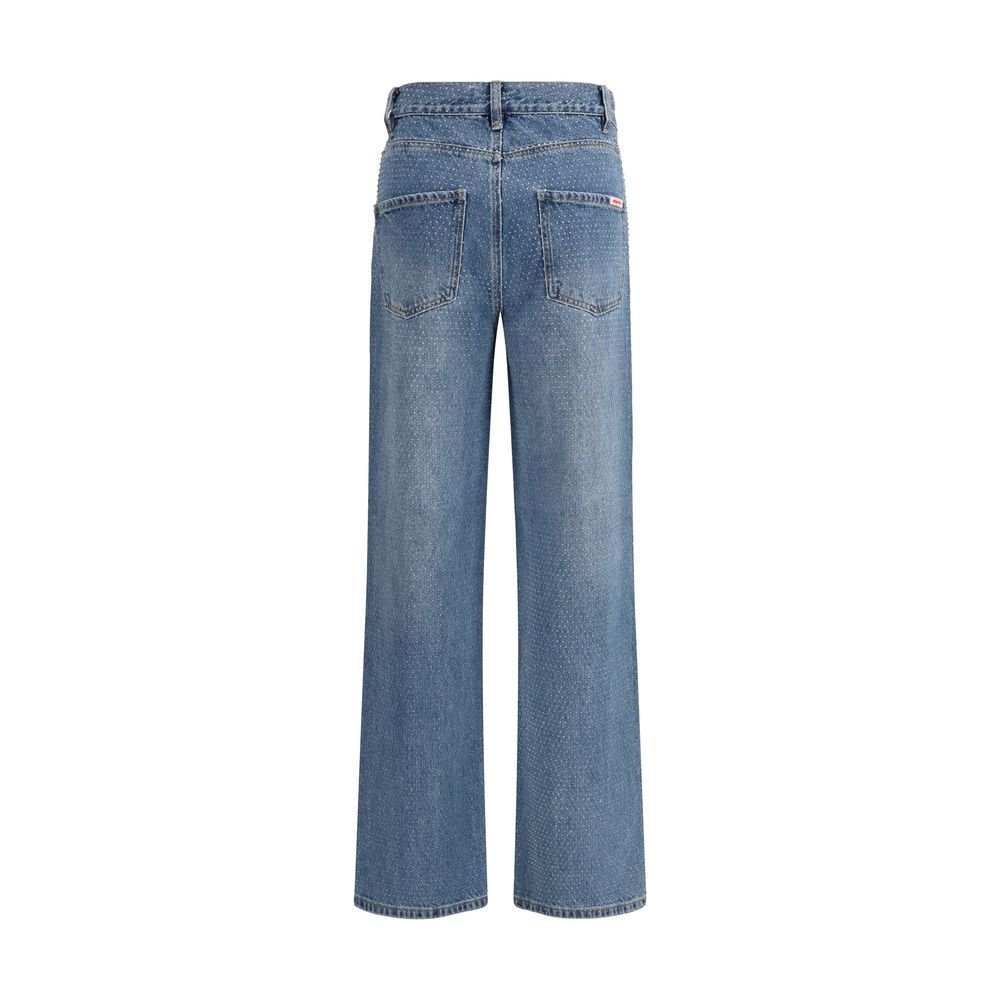 Self-Portrait Blue Cotton Straight-Leg Jeans with Rhinestones