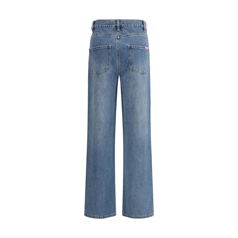 Self-Portrait Blue Cotton Straight-Leg Jeans with Rhinestones
