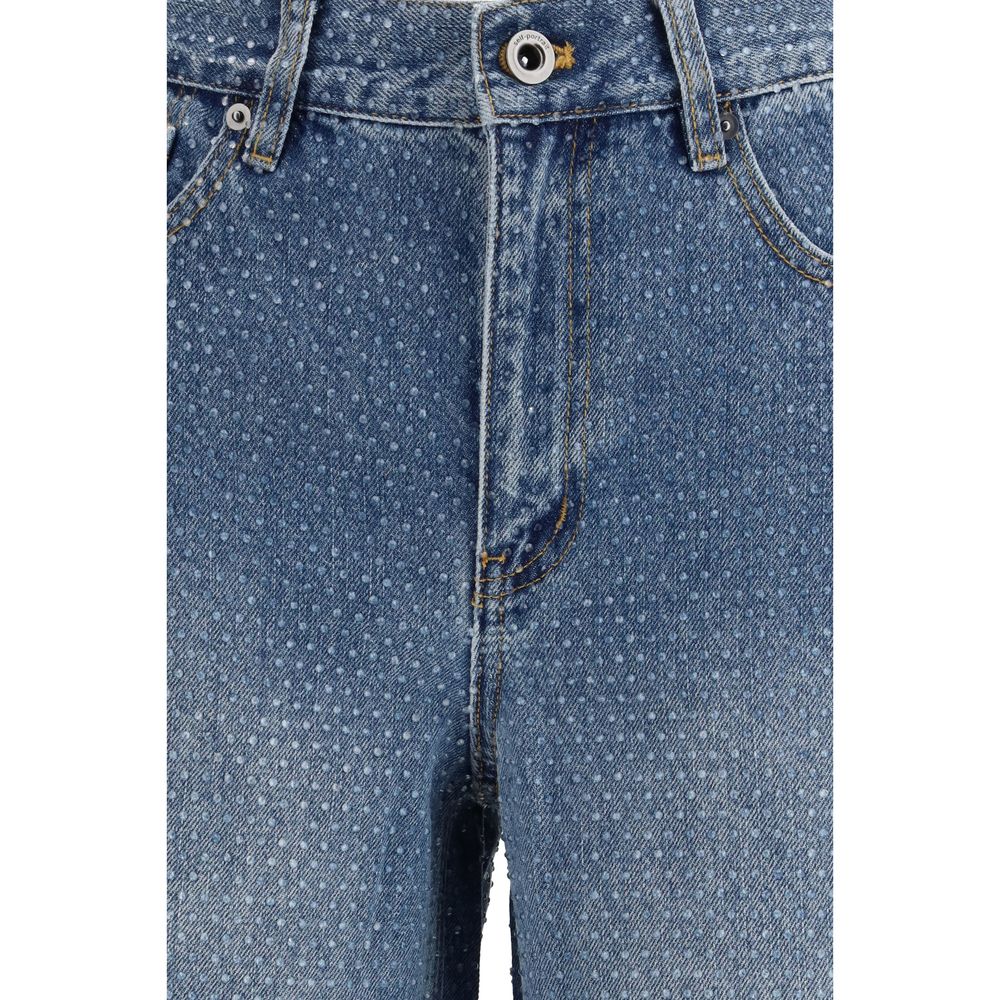Self-Portrait Blue Cotton Straight-Leg Jeans with Rhinestones