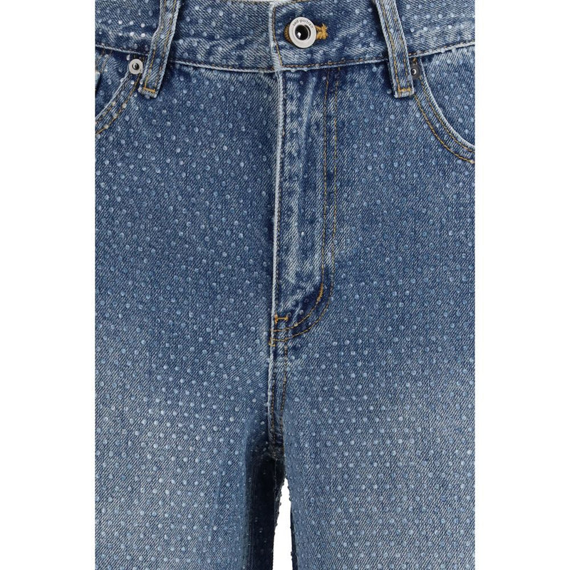 Self-Portrait Blue Cotton Straight-Leg Jeans with Rhinestones