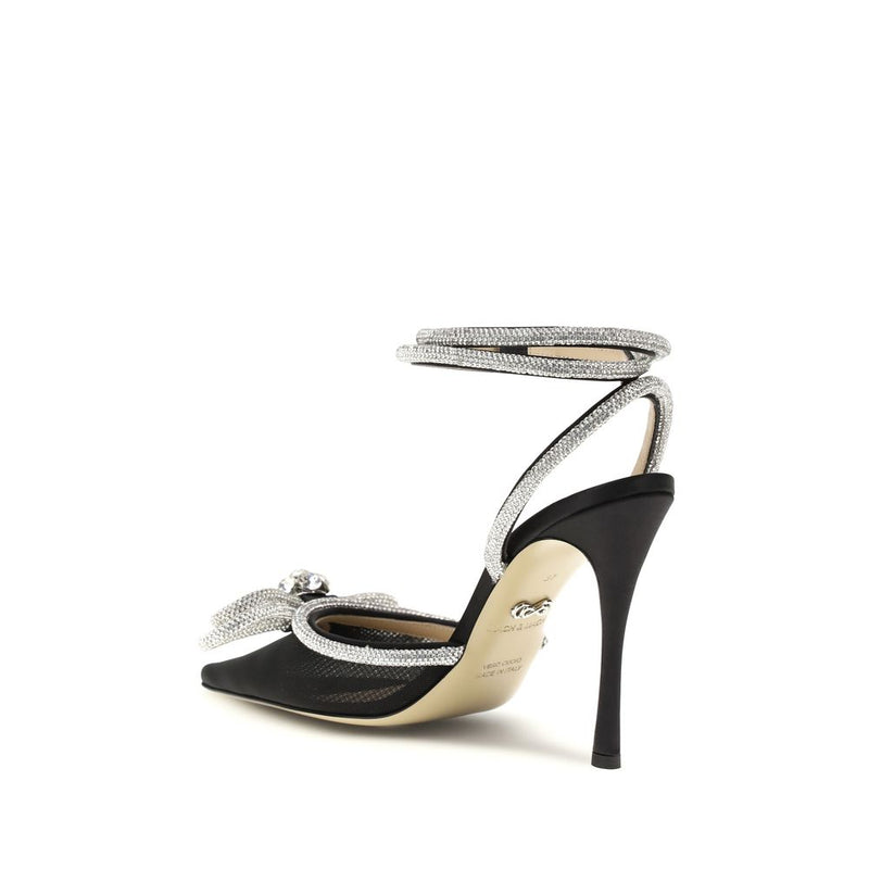 MACH & MACH Black Silk Pumps with Crystal Bow Details