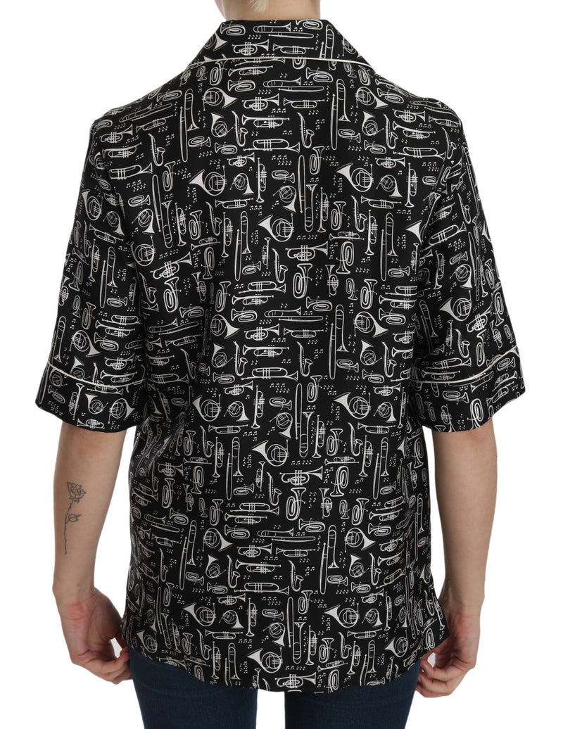 Top en soie noir à imprimé d'instruments de musique de Dolce &amp; Gabbana