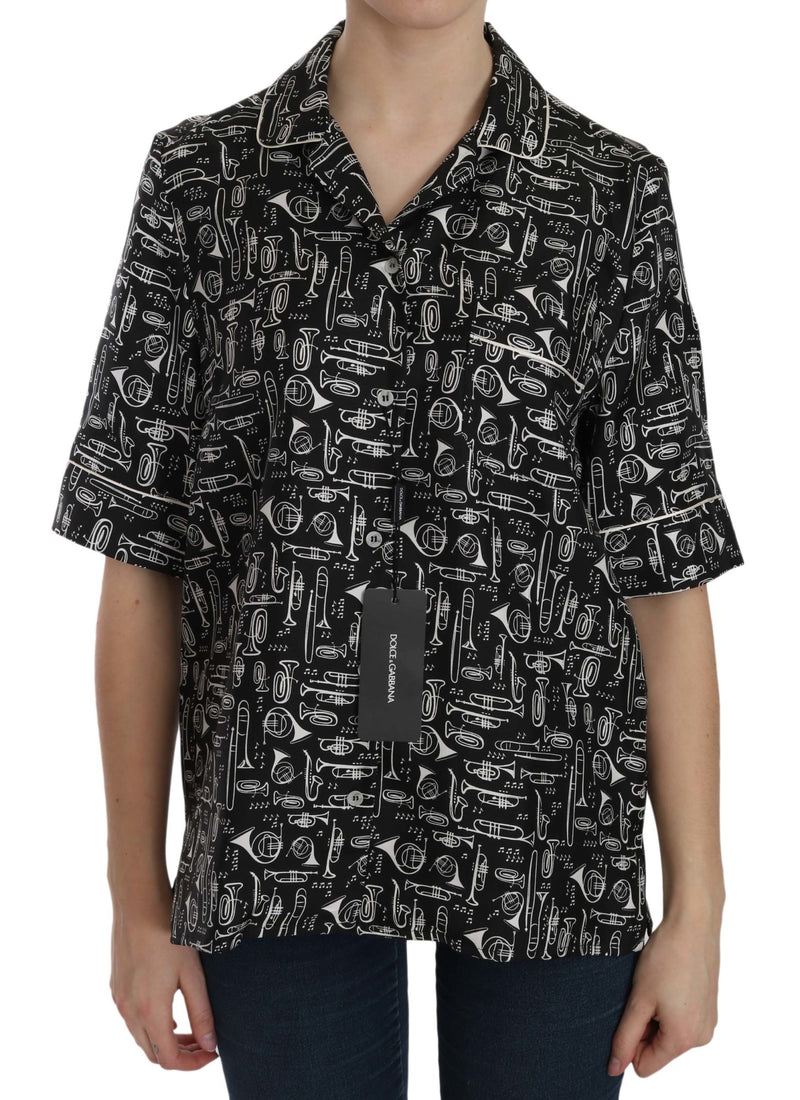 Top en soie noir à imprimé d'instruments de musique de Dolce &amp; Gabbana