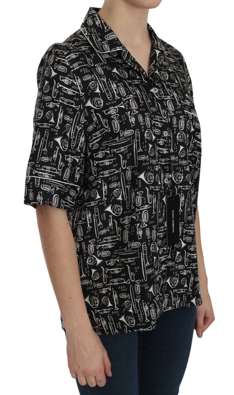 Top en soie noir à imprimé d'instruments de musique de Dolce &amp; Gabbana