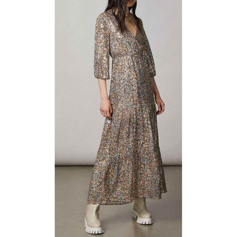 Patrizia Pepe Gold Silk Casual Dress with Animalier Print