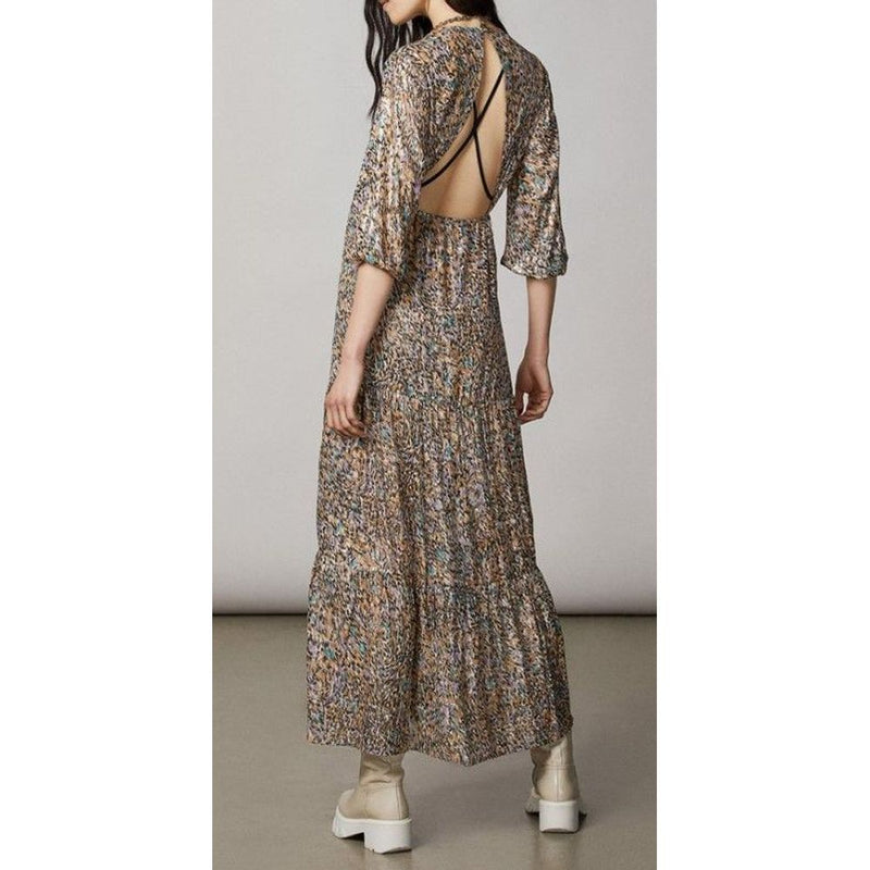 Patrizia Pepe Gold Silk Casual Dress with Animalier Print