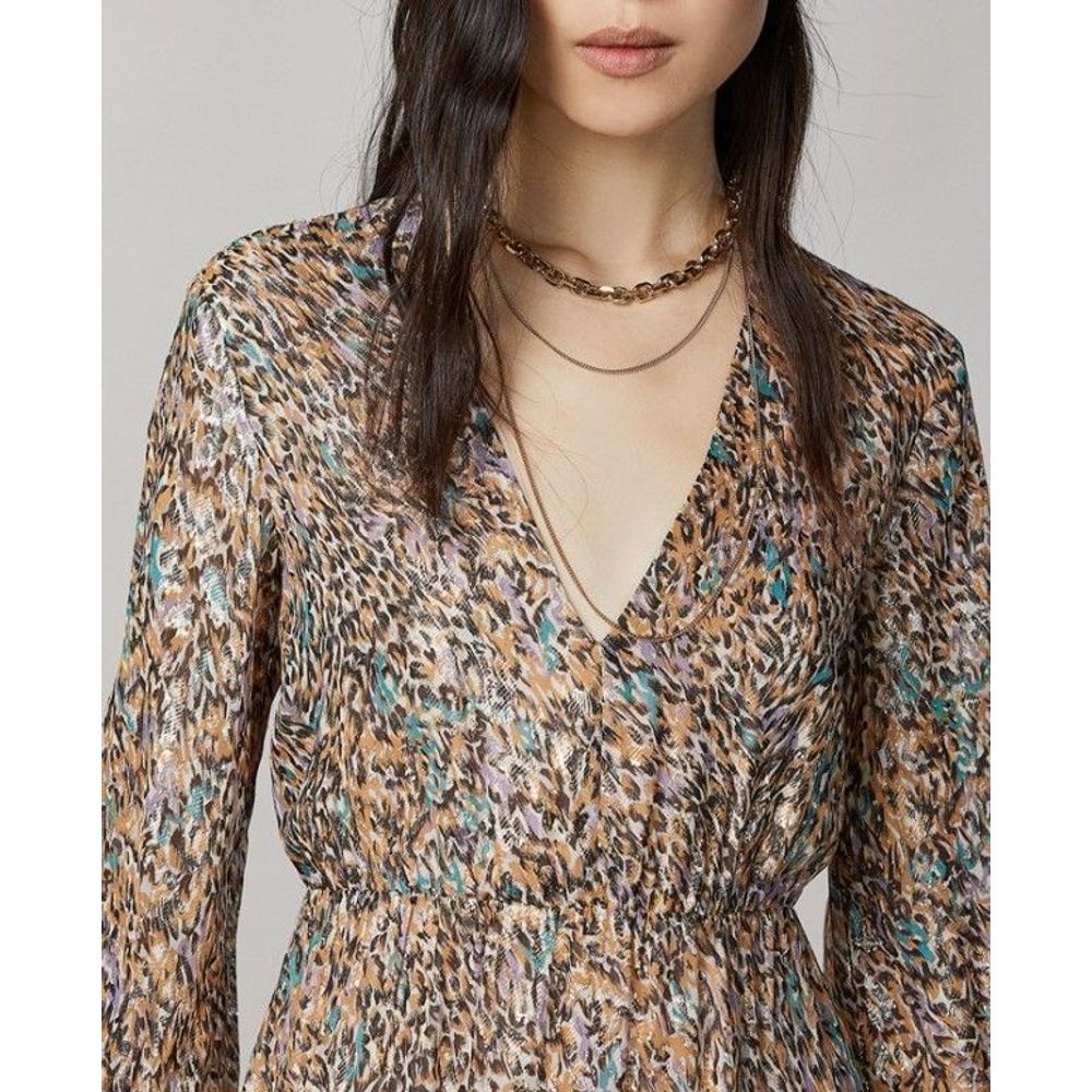 Patrizia Pepe Gold Silk Casual Dress with Animalier Print