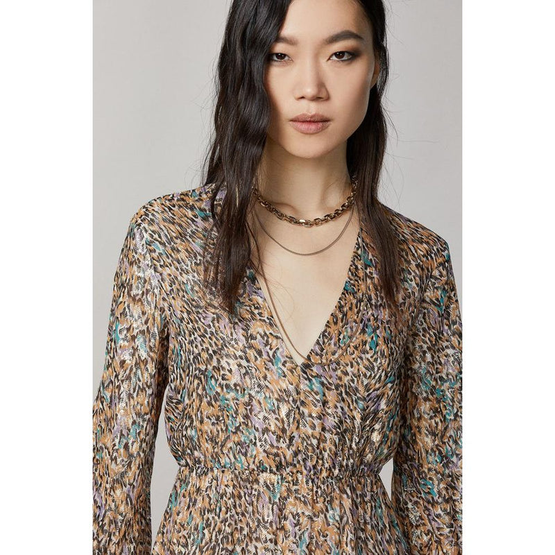 Patrizia Pepe Gold Silk Casual Dress with Animalier Print