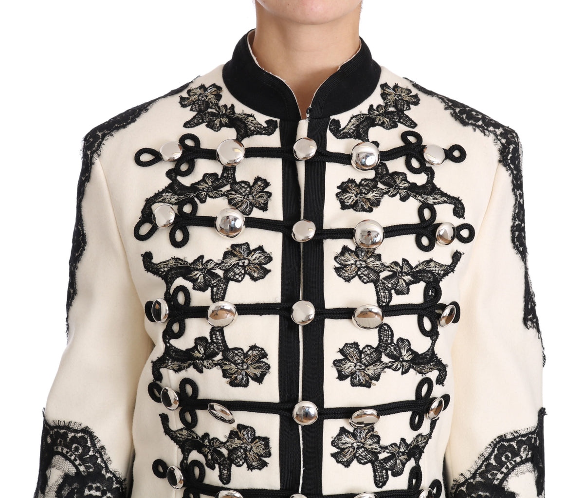 Veste baroque à motifs floraux noirs en laine blanche de Dolce &amp; Gabbana