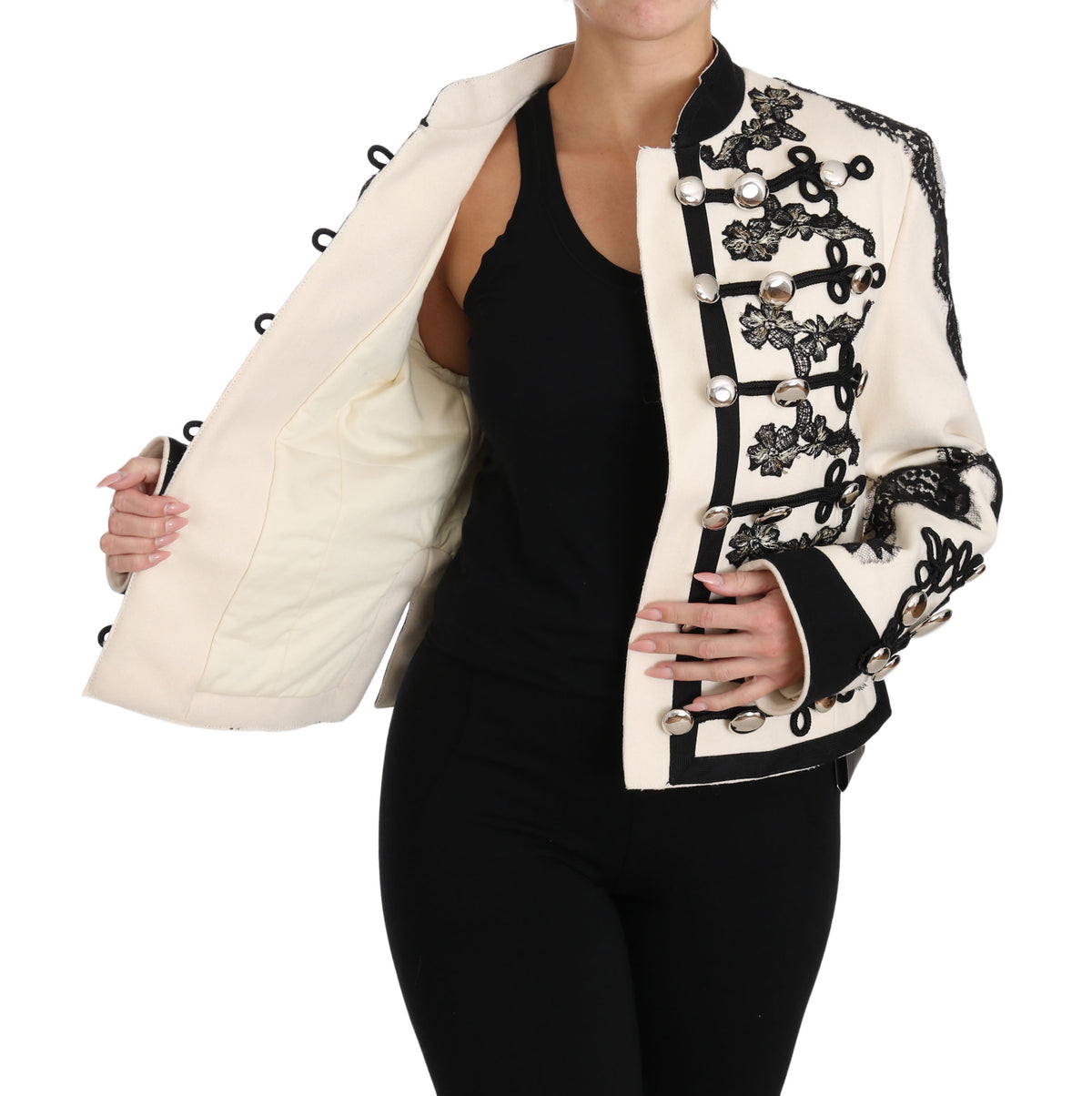 Veste baroque à motifs floraux noirs en laine blanche de Dolce &amp; Gabbana
