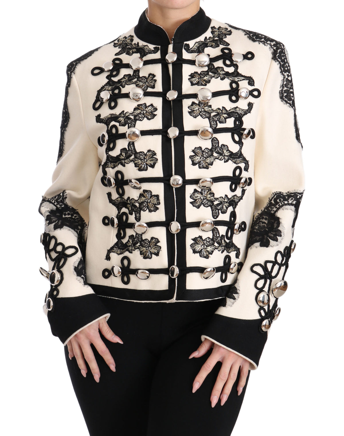 Veste baroque à motifs floraux noirs en laine blanche de Dolce &amp; Gabbana