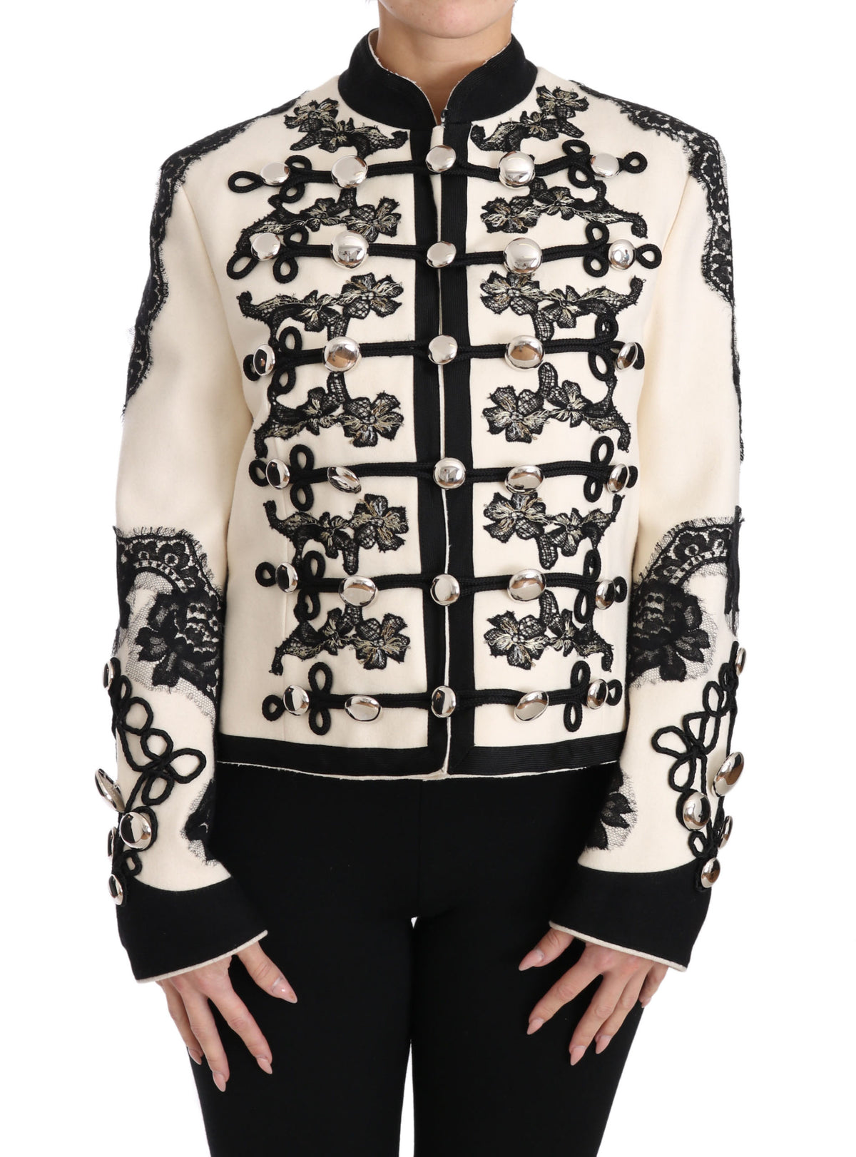 Veste baroque à motifs floraux noirs en laine blanche de Dolce &amp; Gabbana