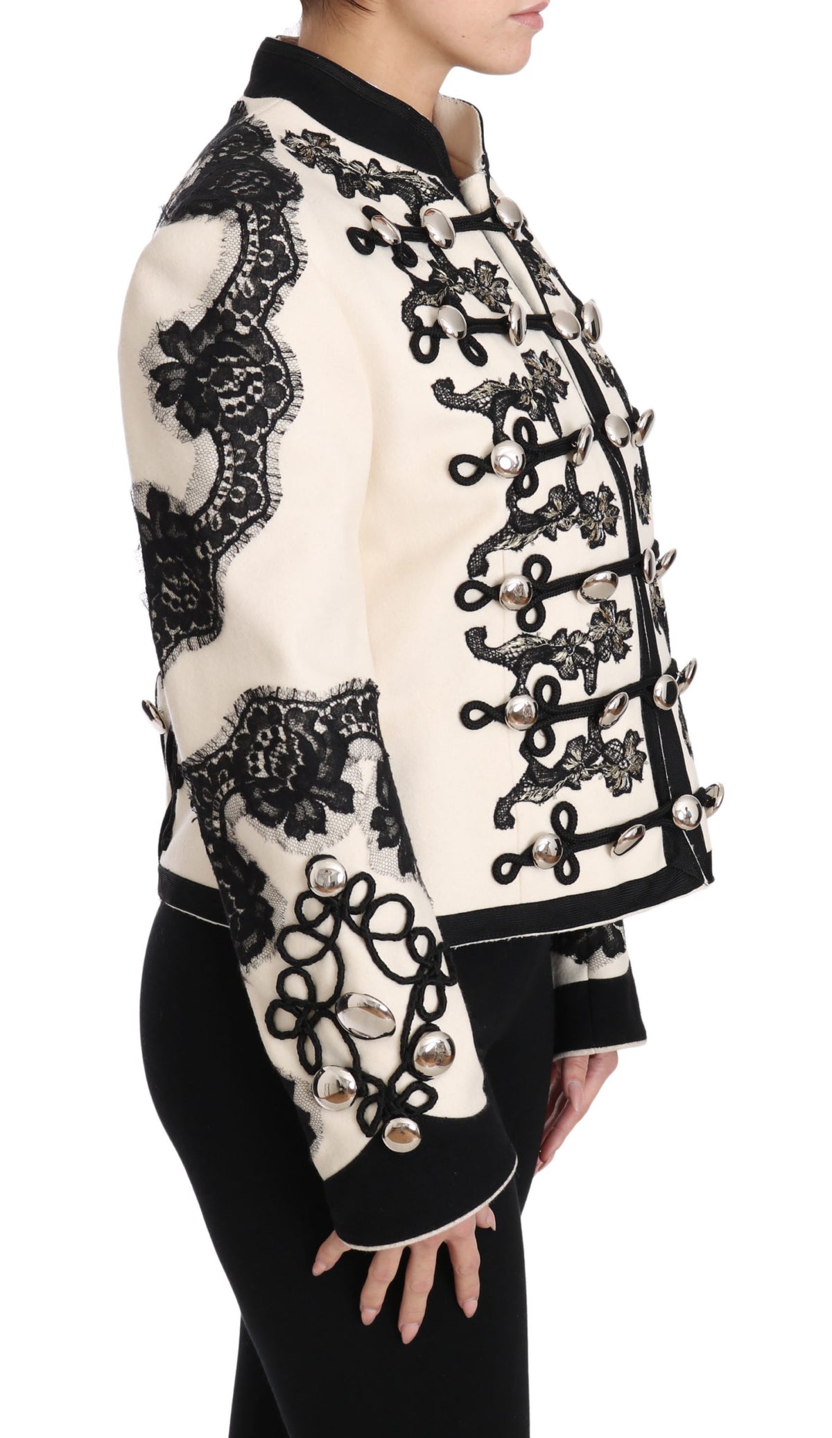 Veste baroque à motifs floraux noirs en laine blanche de Dolce &amp; Gabbana