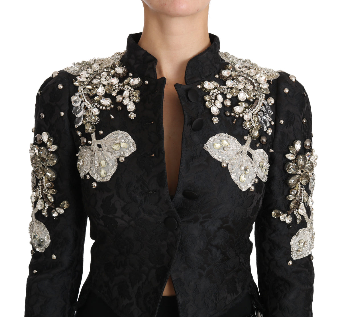 Dolce &amp; Gabbana veste jacquard noire à motifs floraux et cristaux