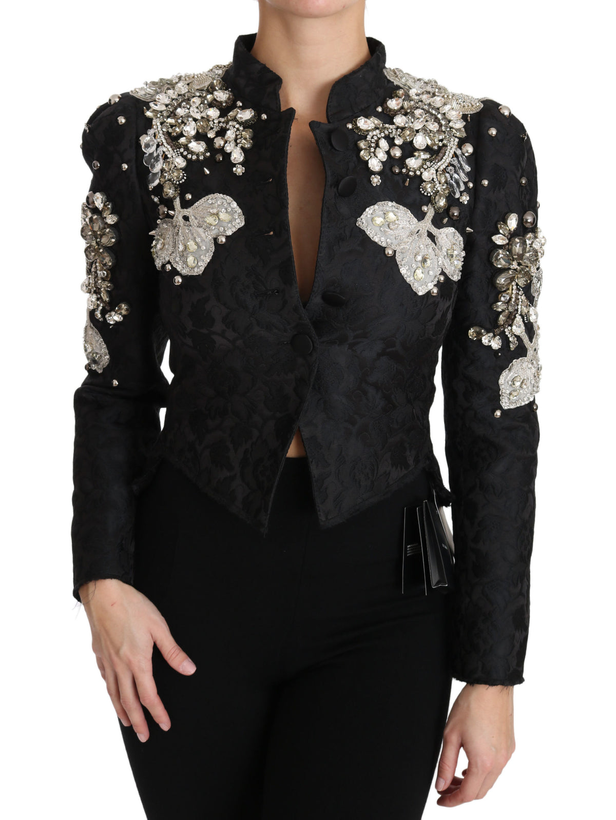 Dolce &amp; Gabbana veste jacquard noire à motifs floraux et cristaux