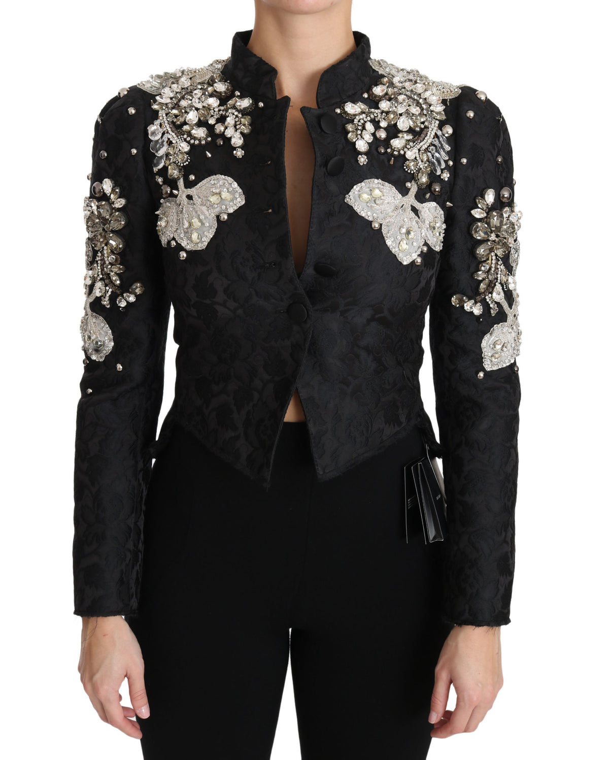 Dolce &amp; Gabbana veste jacquard noire à motifs floraux et cristaux