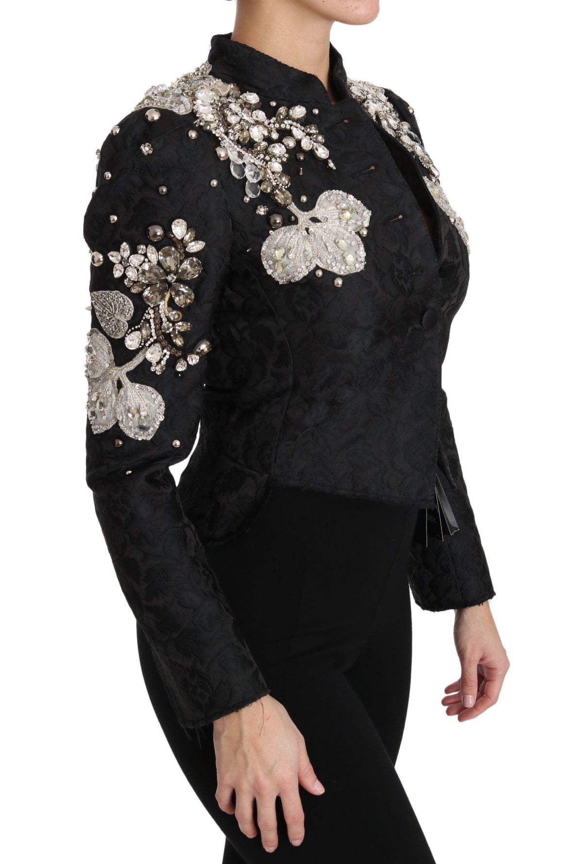 Dolce &amp; Gabbana veste jacquard noire à motifs floraux et cristaux