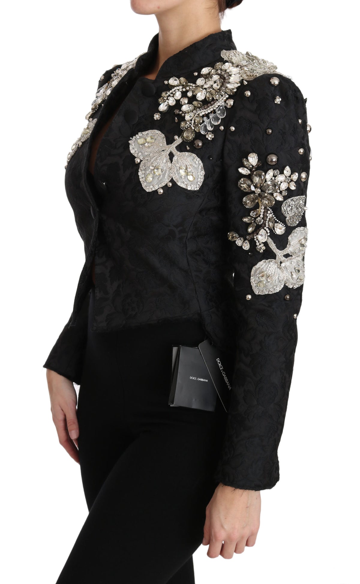 Dolce &amp; Gabbana veste jacquard noire à motifs floraux et cristaux