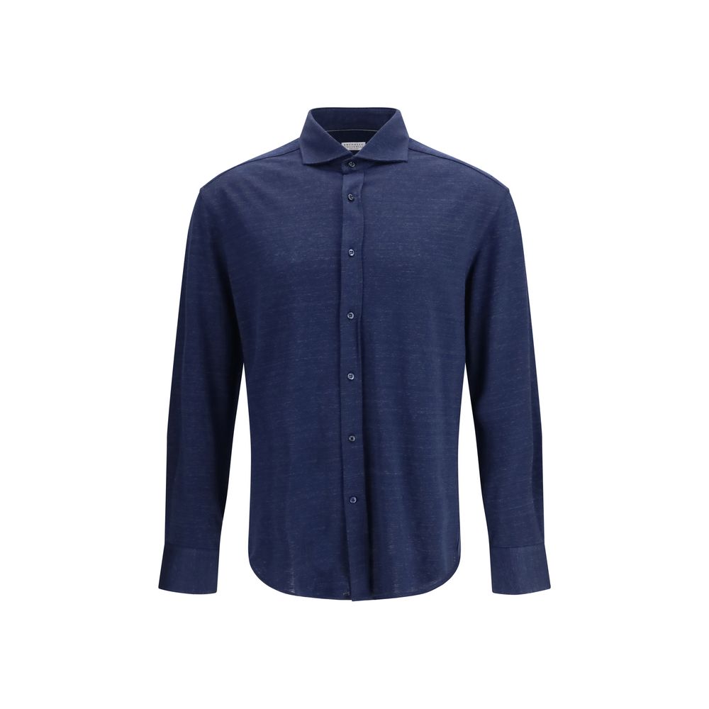 Brunello Cucinelli Blue Linen Dress Shirt for Men