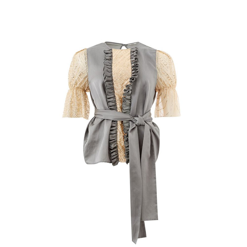 Lardini Multicolor Textile Top with Gold Tulle Sleeves