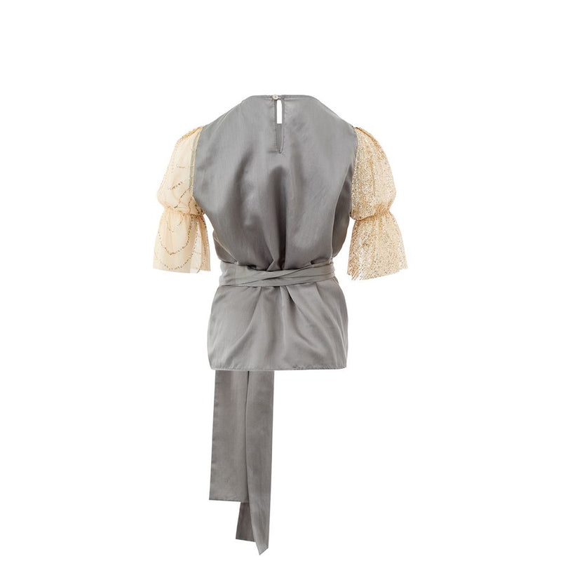 Lardini Multicolor Textile Top with Gold Tulle Sleeves