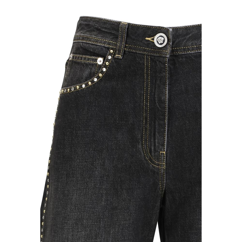 Versace Black Cotton Straight-Leg Jeans with Studs